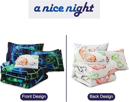 A Nice Night 5Pcs Gaming Comforter Set,Blue Green 3D Game Contoller Themed Keyboard Printing Bedding Sets for Kids Teen Boys, Reversible Comforter for All Seasons,Full