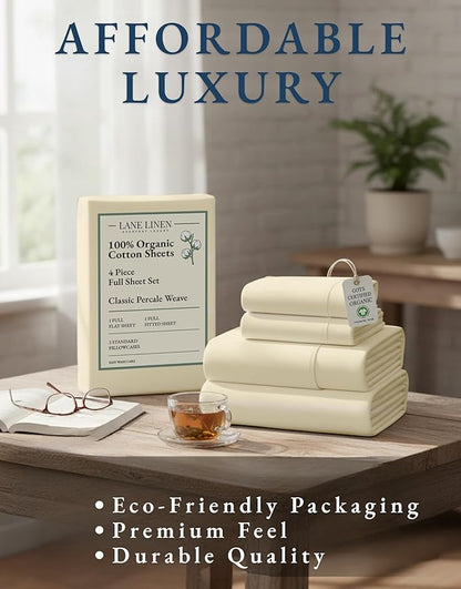 LANE LINEN 100% Organic Cotton Full Sheets Set, 4-Piece Pure Organic Cotton Percale Sheets, Long Staple Cotton Sheet, Ultra Soft Bedding Sheet, Breathable,Fits Mattress Upto 15" Deep - Natural