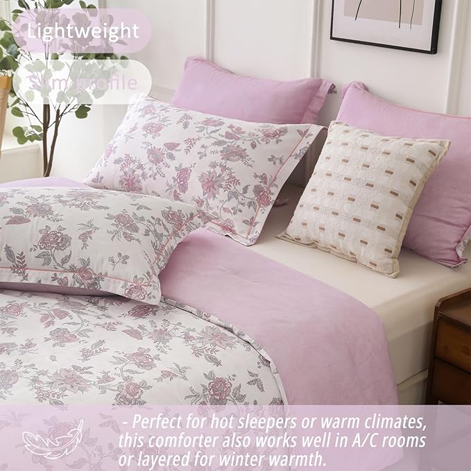 Pink Floral Cotton Comforter King Size 3PC - Vintage Romantic Botanical on Soft White with Smoky Pink Floral Reverse – Cozy Reversible Lightweight Comforter Set with Soft Fill(104"×90")