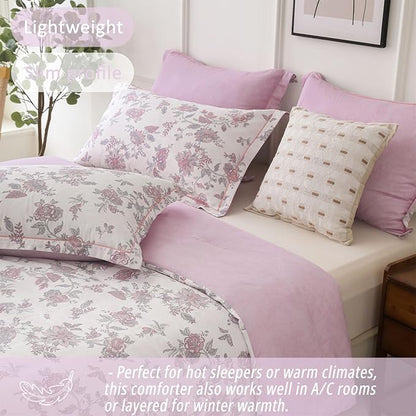 Pink Floral Cotton Comforter King Size 3PC - Vintage Romantic Botanical on Soft White with Smoky Pink Floral Reverse – Cozy Reversible Lightweight Comforter Set with Soft Fill(104"×90")