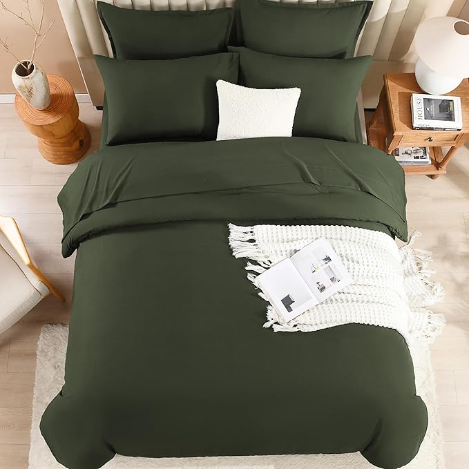 Litanika Dark Olive Green California King Size Comforter Set - 7 Pieces Bed in a Bag Cal King Bedding Comforter Sets, Plain Lightweight Bed Set with Comforter, Sheets, Pillowcases & Shams
