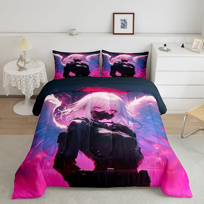 Erosebridal Twin Japanese Anime Comforter Set Anime Girl Bedding Set for Kids Girls Teens Men Bedroom, Cartoon Girl Quilt Kawaii Japanese Animation Duvet Insert 2 Piece with 1 Pillow Case