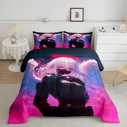 Erosebridal Queen Japanese Anime Comforter Set Anime Girl Bedding Set for Kids Girls Teens Men Bedroom, Cartoon Girl Quilt Kawaii Japanese Animation Duvet Insert 3 Piece with 2 Pillow Cases