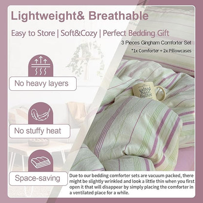EAVD Vintage Striped Comforter Set Queen Soft Cotton Retro Purple&Green Vertical Striped Bedding Set with 2 Pillowcases Boho Geometric Pattern Comforter Set for All-Season Breathable Lightweight