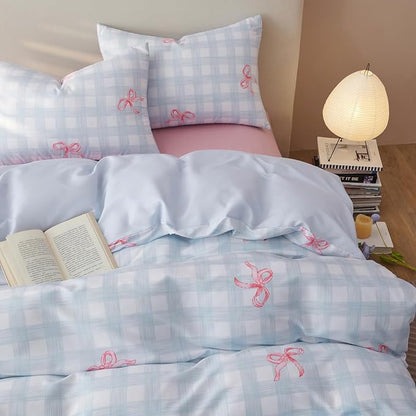 Blue Plaid Queen Comforter Set - Pink Bow Comforter Set Queen Size, Gingham Quilt Bedding Set 3 Pieces, Soft & Lightweight Comforter(90‘’ x 90‘’) for Girl & 2 Pillowcases(30‘’x20‘’)