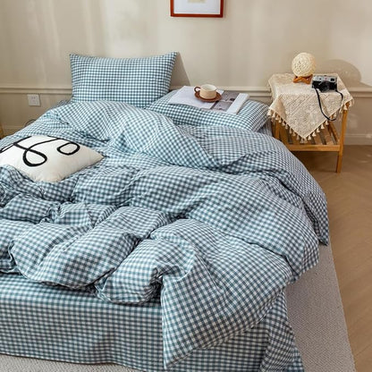EAVD Blue Gingham Comforter Set Full Soft Fluffy White and Blue Plaid Bedding Set with 2 Pillowcases Modern Grid Plaid Comforter Set Reversible Farmhouse Gingham Bedding Set for All-Season