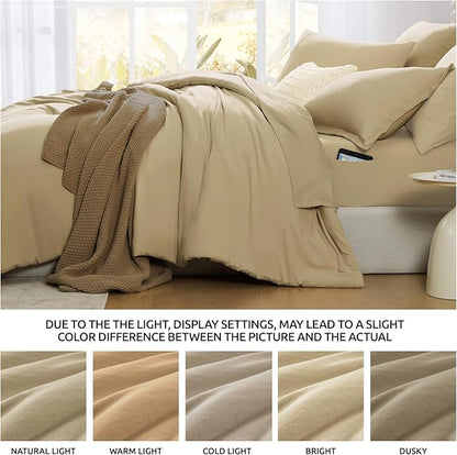 WRENSONGE Queen Comforter Set- 7 Pieces Soft Taupe Bed in a Bag Queen Size with Fitted Sheet, Flat Sheet, 2 Pillow Shams, and 2 Pillowcases- Khaki Bedding Sets for All Season