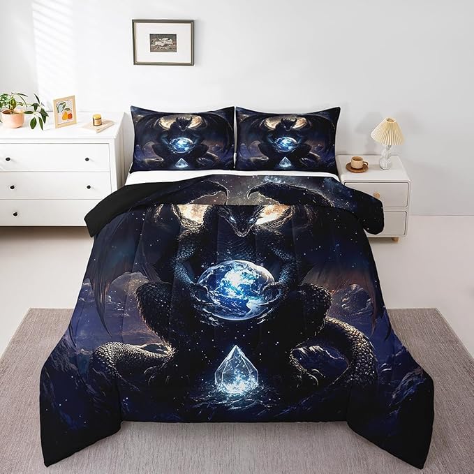 Feelyou Dragon Comforter Set King Size Comforter for Boys Girls Teens Wild Life Bedding Set Dragon Decor Duvet Set Room Decor Black Quilt Set
