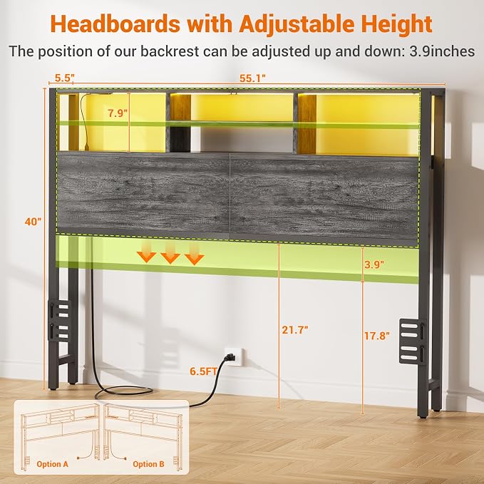 Aheaplus Headboard for Full Size Bed with Storage, Headboards with Outlets | Full Size Head Board Only, with USB Ports and LED Light, Height Adjustable, Reversible, Sturdy & Stable Headboard, Black Oak