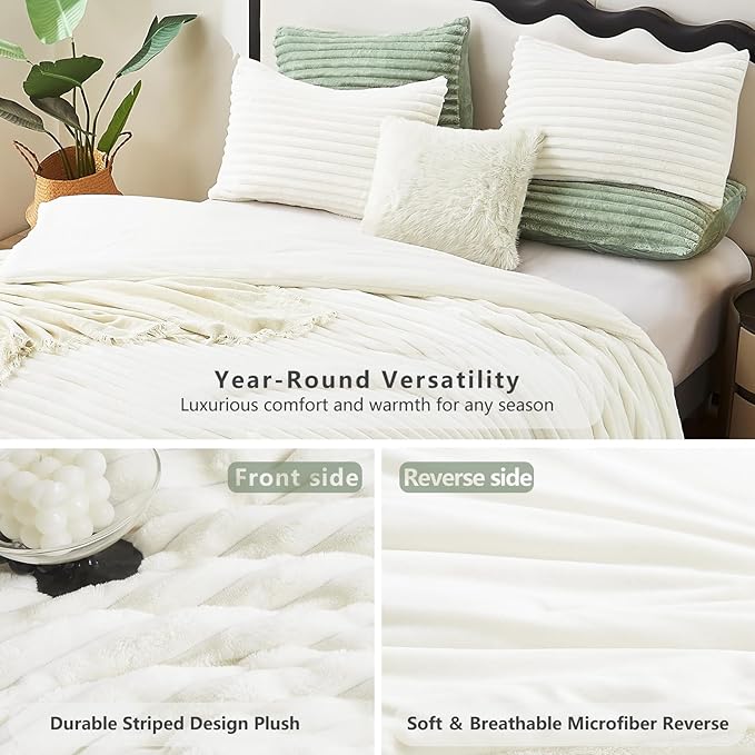 CozyLux Fluffy Full Size Comforter Sets - Super Soft Faux Fur Cream White Comforter Full Size, Winter Warm Fleece Bedding Set, 3 Pieces Plush Fuzzy Bed Set (1 Shaggy Comforter, 2 Pillowcases)