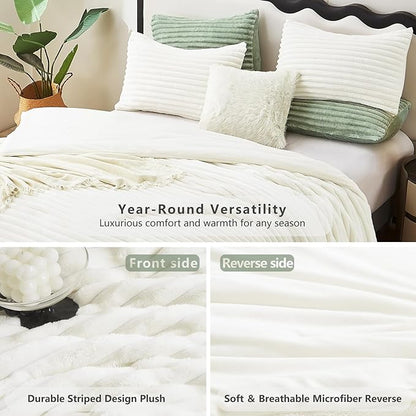 CozyLux Fluffy Full Size Comforter Sets - Super Soft Faux Fur Cream White Comforter Full Size, Winter Warm Fleece Bedding Set, 3 Pieces Plush Fuzzy Bed Set (1 Shaggy Comforter, 2 Pillowcases)