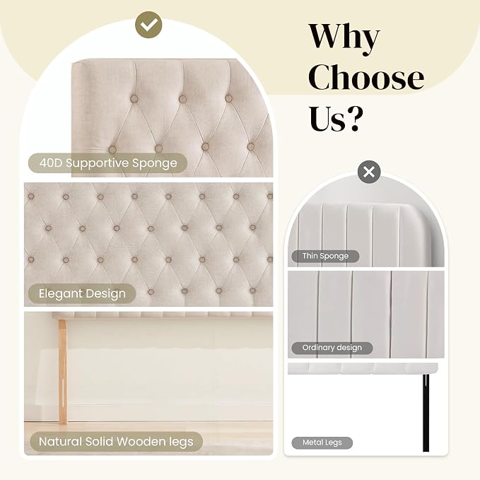 Upholstered Queen Headboard Only, Premium Linen Button Tufted Headboards, Adjustable Solid Wood Head Board, Padded Headboard with Solid Wood Legs in Bedroom (Beige)