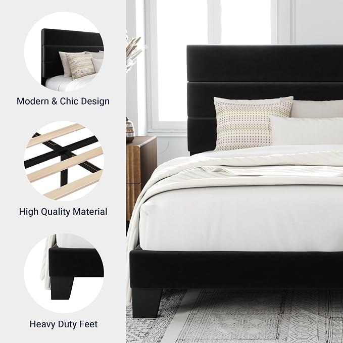 Allewie Queen Size Platform Bed Frame with Velvet Upholstered Headboard | Wooden Slats Support, Fully Upholstered Mattress Foundation, No Box Spring Needed, Easy Assembly, Noise-Free, Black