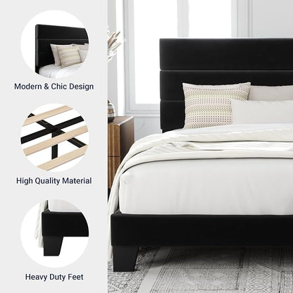 Allewie Queen Size Platform Bed Frame with Velvet Upholstered Headboard | Wooden Slats Support, Fully Upholstered Mattress Foundation, No Box Spring Needed, Easy Assembly, Noise-Free, Black