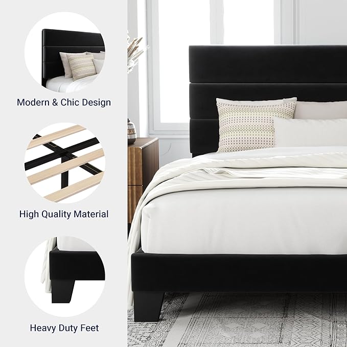 Allewie Full Size Platform Bed Frame with Velvet Upholstered Headboard | Wooden Slats Support, Fully Upholstered Mattress Foundation, No Box Spring Needed, Easy Assembly, Noise-Free, Black