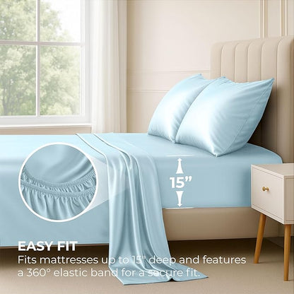 Pure Bedding Satin Sheets Twin [3-Piece, SkyBlue] Hotel Luxury Silky Bed Sheets - Extra Soft 1800 Microfiber Sheet Set, Wrinkle, Fade, Deep Pocket Fitted Sheet, Flat Sheet, Pillow Cases