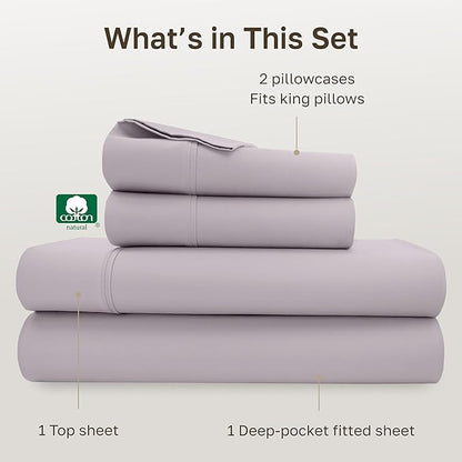 California Design Den Soft 400 Thread Count Natural 100% Cotton Sheets Sateen, King Bed Sheets Set, Deep Pockets, All-Around Elastic for a Snug Fit, Durable Bedding Set - Dusky Lavender Grey