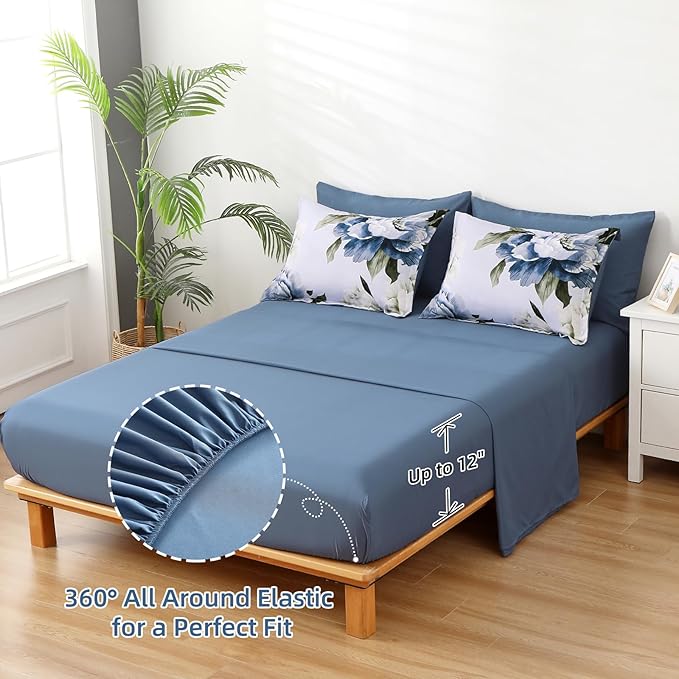 Dobuyly Blue King Size Comforter Set 7 Piece Bed in a Bag King, Blue Floral Printed on Light Blue Comforter Set with Sheets, Soft Microfiber Botanical Complete Bedding Set for All Season
