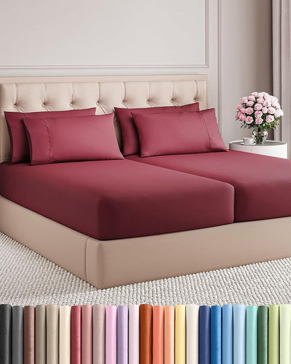Split King 7 Piece Sheet Set - Comfy Breathable & Cooling - Soft Hotel Luxury Bedding Set with 8-16 Inch Deep Pockets - 1 Flat & 2 Fitted Sheet & 4 Pillowcases - Wrinkle Free & Easy Care - Burgundy