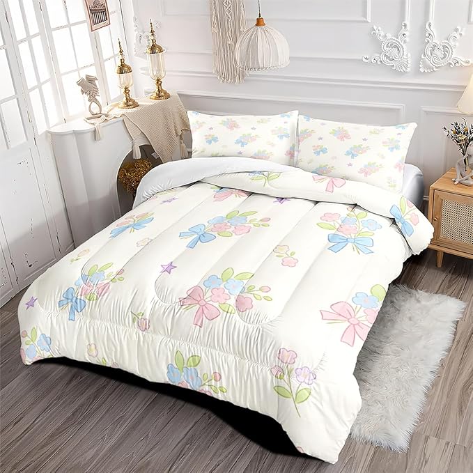 Pink Blue Floral Bedding Set King Size, 3Pcs White Cute Cartoon Bows Comforter Set for Girls Women Bedroom Decor, Includes Comforter (104" x 90") and 2 Pillowcases, All Season