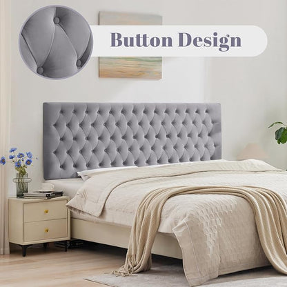 Upholstered Queen Headboard Only, Premium Velvet Button Tufted Headboards, Adjustable Solid Wood Head Board, Padded Headboard with Solid Wood Legs in Bedroom (Gray)