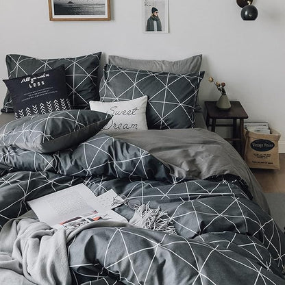 mixinni Full Size Comforter Set Soft Geometric Grey Geometric Checkered Plaid Printed Bedding Comforter for Men Boys, 1 Soft Microfiber Reversible Comforter with 2 Pillowcases for All Seasons