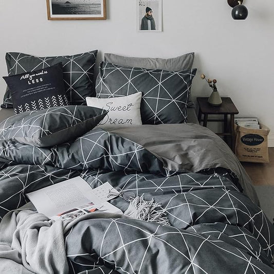 mixinni Full Size Comforter Set Soft Geometric Grey Geometric Checkered Plaid Printed Bedding Comforter for Men Boys, 1 Soft Microfiber Reversible Comforter with 2 Pillowcases for All Seasons