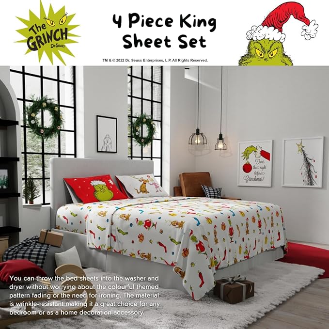 Collectibles Dr. Seuss The Grinch Holiday & Christmas Bedding Super Soft Microfiber 4 Piece King Sheet Set, (Officially Licensed Product) By Franco
