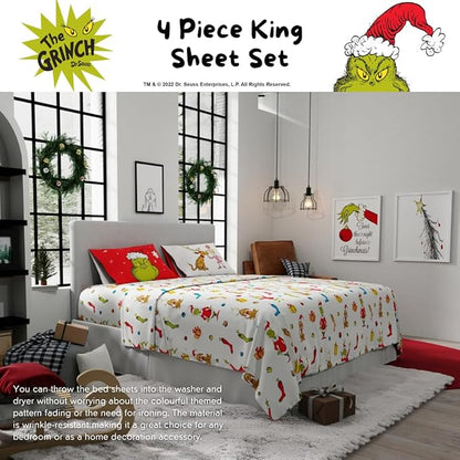 Collectibles Dr. Seuss The Grinch Holiday & Christmas Bedding Super Soft Microfiber 4 Piece King Sheet Set, (Officially Licensed Product) By Franco