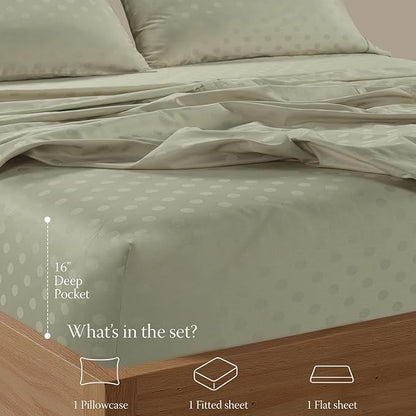 Threadmill Cotton Twin XL Sheet Set | 100% Cotton Sheets for Twin XL Size Bed | Damask Jacquard Sateen Twin XL Bed Sheets Set with 16” Deep Pocket | Soft Breathable 3 pc Cooling Sheet Set | Sage Green