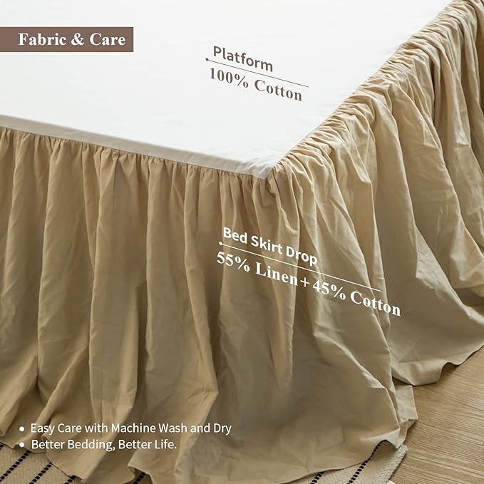 BISELINA French Linen Bed Skirt with Pleated Frills 22-Inch Tailored Drop Natural Flax Cotton Blend Dust Ruffle Soft Cozy Farmhouse Bedding (22" King, Linen)