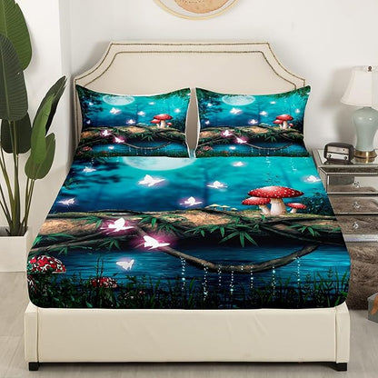 Red Mushroom Bed Sheet Set 4 Piece,Moon Night Sky Jungle Sheets Full Size Sheets Set,Magical Butterfly Cartoon Plant Soft Microfiber Bedding Set with Flat,Fitted Sheet,2 Pillow Cases