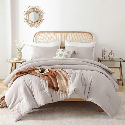 ROSGONIA King Size Comforter Set Linen Grey, 3pcs(1 Boho Comforter & 2 Pillowcases) Soft Lightweight Bedding Blanket All Season Bedspreads Quilt