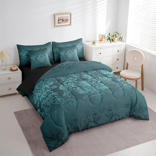 Erosebridal Gothic Damask Bed in a Bag King Size Comforter Set 7 Pieces,Exotic Moth Bedding Sets Turquoise Victorian Floral Goth Sheet Set with Comforter