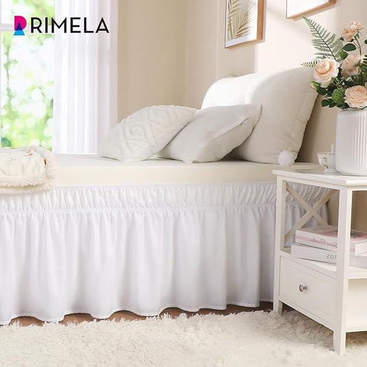 RIMELA White Bed Skirt Twin Size 15 Inch Drop, Elastic Bed Skirting for Adjustable Bed Base & Frame, Bedding Dust Ruffle Easy to Install, Lightweight Wrap Around Bedskirt