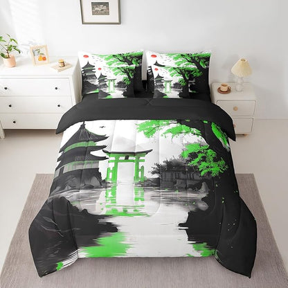Erosebridal Japanese 7 Piece Bed in A Bag Full Sun Cherry Blossom Comforter Set with Sheets Watercolor Black Green Pavilions Mountain Sakura Floral Bedding Set for Kids Adults Chinese Ink Bed Set