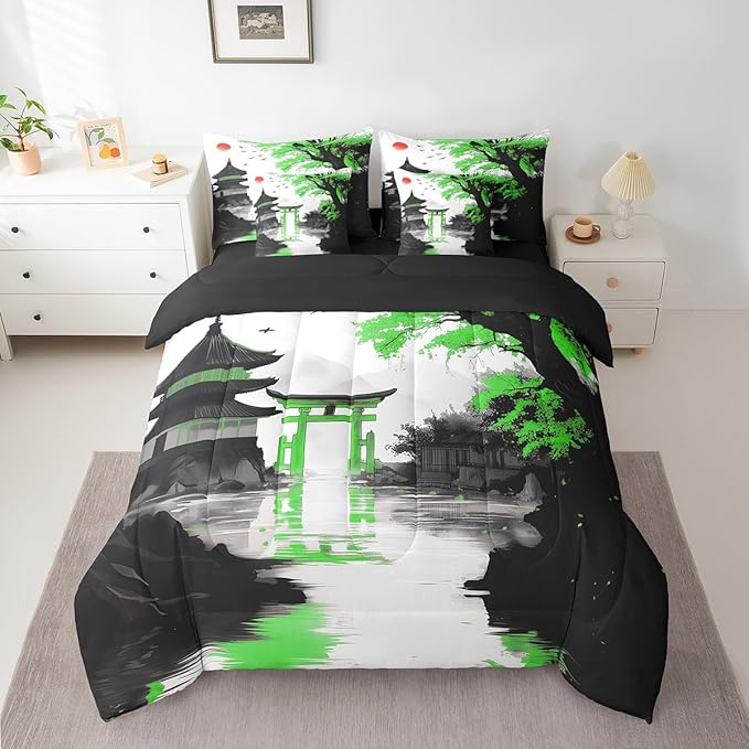 Erosebridal Japanese 7 Piece Bed in A Bag Twin Sun Cherry Blossom Comforter Set with Sheets Watercolor Black Green Pavilions Mountain Sakura Floral Bedding Set for Kids Adults Chinese Ink Bed Set