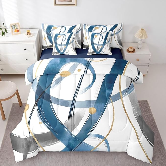 Erosebridal Blue Abstract 7 Piece Comforter Set Full Modern Gold Grey Line Bedding Set Minimalist Simple Cool Unique Geometric Comforter for Man Teens Fashion Aesthetic Sheet Set Room Decor