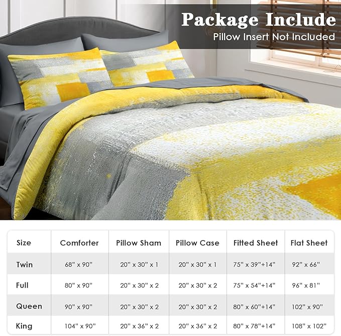 Comforter Set Queen Size, Grey Yellow Painting Gray 7 Pcs Bedding for Kids and Adults, Office Contemporary Abstract Bed Sheet Sets with Fitted Sheet 2 Pillowcase & 2 Sham for Bedroom Bed Decor