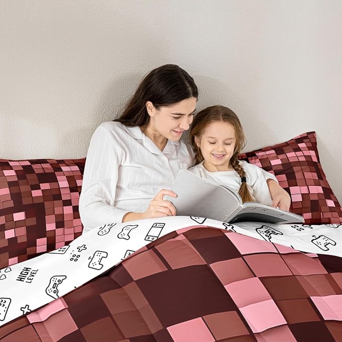 Miners Pixel Checked Kids Bedding Set King Size,Video Games Check Lattice Comforter Set，Game Cartoon Gamepad Quilt Comforter,Dark Red Bedroom Duvet Insert,2 Pillowcases