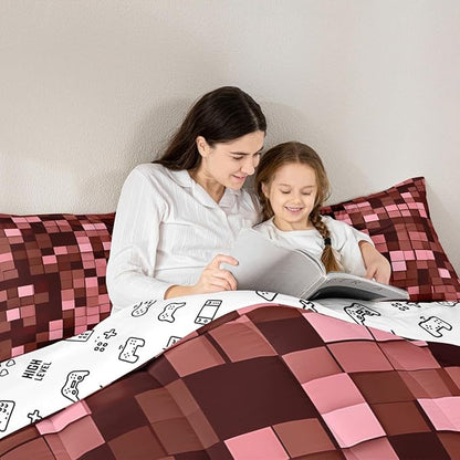Miners Pixel Checked Kids Bedding Set King Size,Video Games Check Lattice Comforter Set，Game Cartoon Gamepad Quilt Comforter,Dark Red Bedroom Duvet Insert,2 Pillowcases