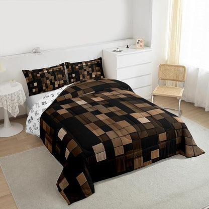 Pixel Grid Miners Comforter Set Full Size,Video Games Plaid Lattice Kids Bedding Set,Geometric Modern Check Quilt Comforter,Brown Duvet Insert,2 Pillowcases