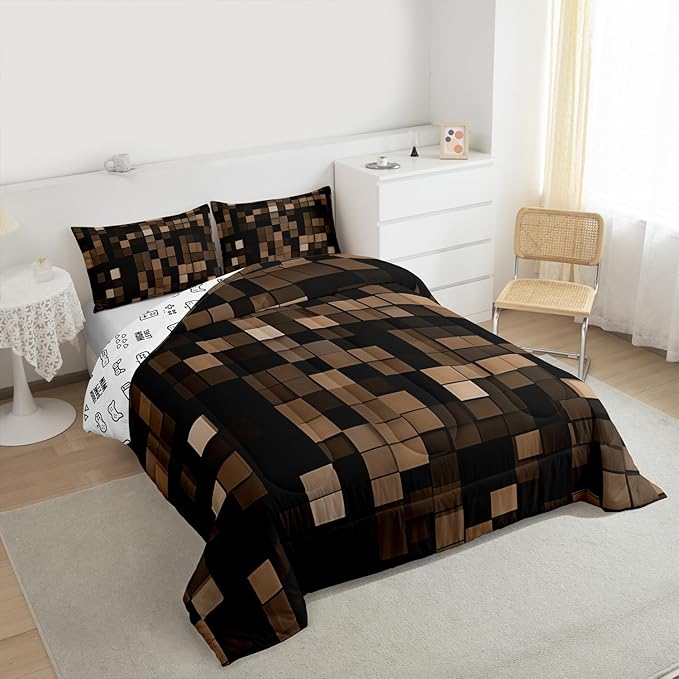 Pixel Grid Miners Kids Comforter Set Queen Size,Video Games Plaid Lattice Bedding Set,Girls Boys Room Decor,Geometric Modern Check Quilt Comforter,Brown Duvet Set Bedroom Quilt Set,2 Pillowcases