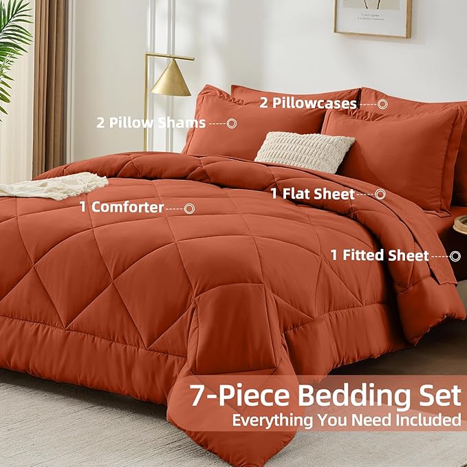 FUANNA 7 Pieces Full Size Comforter Sets, All Season Bedding Sets Full Size, Luxury Soft Bed in a Bag with Comforter, Flat Sheet, Fitted Sheet, Pillowcases & Pillow Shams, Burnt Orange
