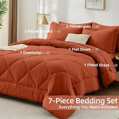 FUANNA 7 Pieces King Size Comforter Set, All Season Bed in a Bag King Size, Luxury Soft Bedding Sets with Comforter, Flat Sheet, Fitted Sheet, Pillowcases & Pillow Shams, Burnt Orange