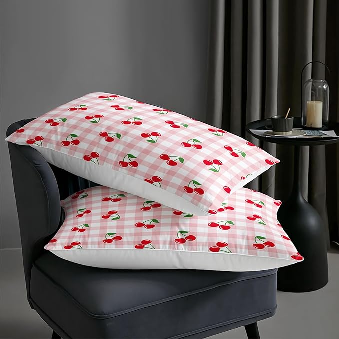 Red Cherry Gingham Bedding King Size,Cute Cherry Fruit Comforter Set for Kids Girls Women,3Pcs Pink Grid with Summer Fruit Bedding for Girls,Kawaii Plaid Quilt 1 Comforter 2 Pillowcases