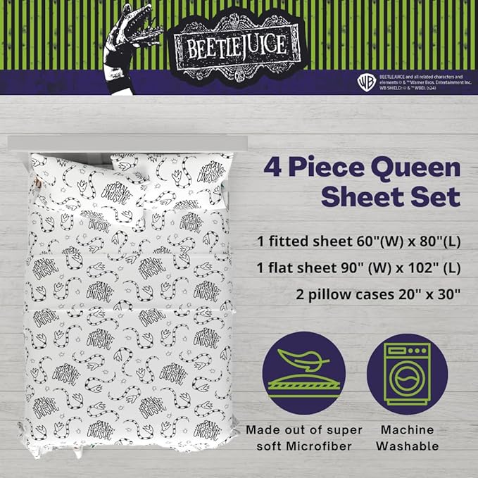 Franco Collectibles Beetlejuice Halloween Bedding Super Soft Microfiber Queen Sheet Set, College Dorm Essentials, (Officially Licensed Product)