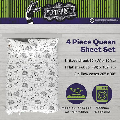 Franco Collectibles Beetlejuice Halloween Bedding Super Soft Microfiber Queen Sheet Set, College Dorm Essentials, (Officially Licensed Product)
