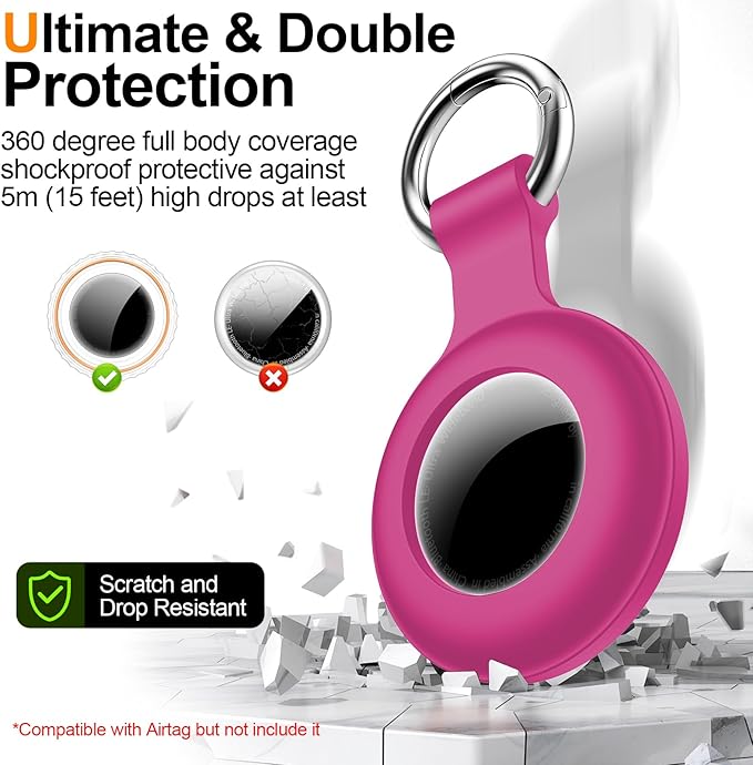 1|2|4Pack for Apple AirTag Holder with Keychain for Air Tag 2nd/1st Gen | Waterproof Air Tag Cover GPS Tracker Anti-Scratch Silicone Air-Tag Case for Pets,Kids,Bags,Luggages-Rose Red