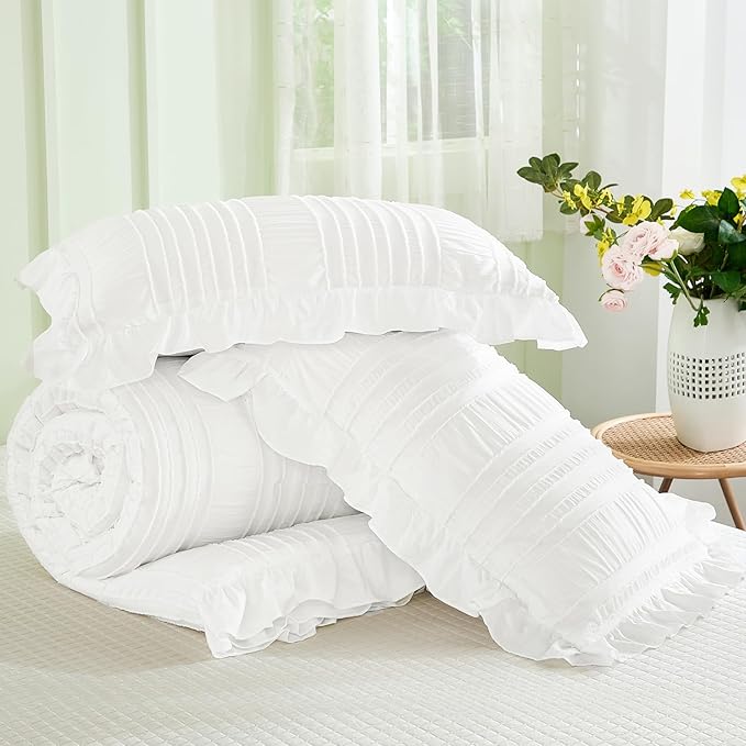 WONGS BEDDING White Comforter Set King,3 Pieces Ruffle Farmhouse Shabby Chic Boho Comforter for King Bed,Soft Textured Bedding Set with 1 Ruffle Comforter,2 Tufted Pillowcases 104"×90"